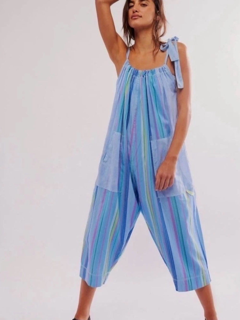 Free People Light Blue Multistripe Harem Jumpsuit